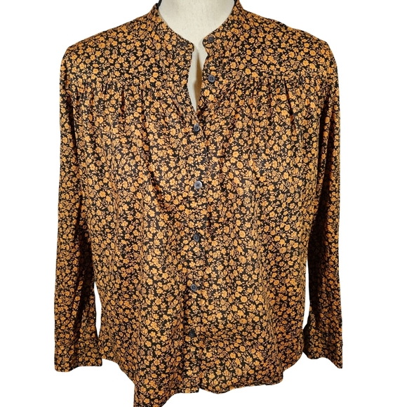 UniQlo Studio Sanderson Long Sleeve Pleated Button Up Blouse, Orange/Black, XS - Picture 1 of 13